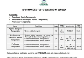 Inscrições para o teste seletivo que vai contratar professores e agentes temporários terminam nesta 5ª feira