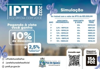 IPTU 2022 Foz: Primeira parcela ou cota única vence na próxima quarta-feira (16)