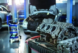 Close-up of car parts in repair garage