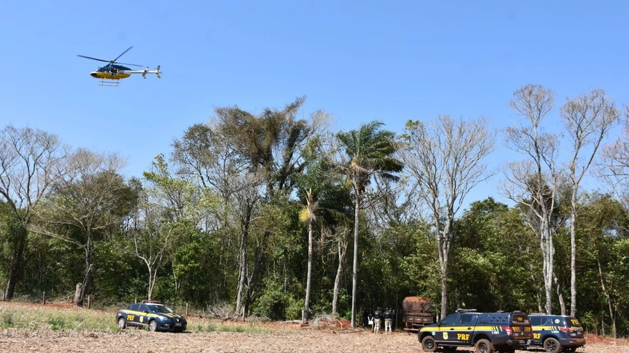 Com ajuda de helicóptero, PRF e Polícia Civil encontram caminhão com cigarro em meio à mata