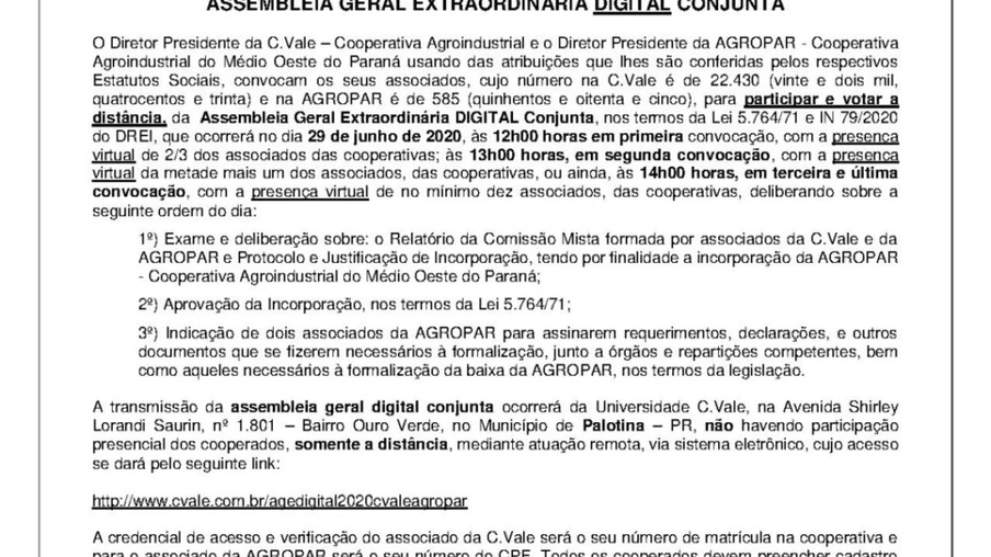 C.Vale e Agropar convocam associados para Assembleia Geral Extraordinária Digital Conjunta