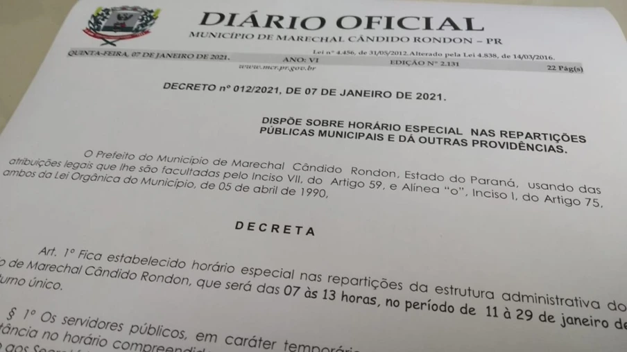 Repartições públicas de Marechal Rondon atenderão em horário especial de 11 à 29 de janeiro