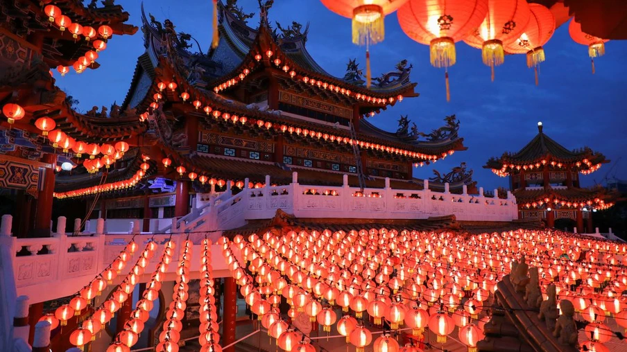 Lanterns are lit up at Thean Hou Temple, during Chinese Lunar New Year celebrations, amid the coronavirus disease (COVID-19) outbreak in Kuala Lumpur, Malaysia February 12, 2021. REUTERS/Lim Huey Teng