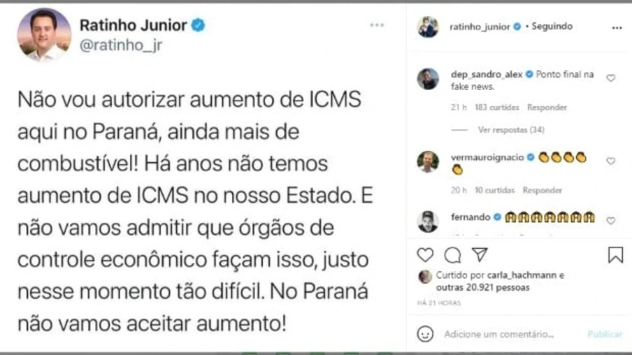 Ratinho afirma que não vai autorizar reajuste do ICMS sobre os combustíveis no Paraná