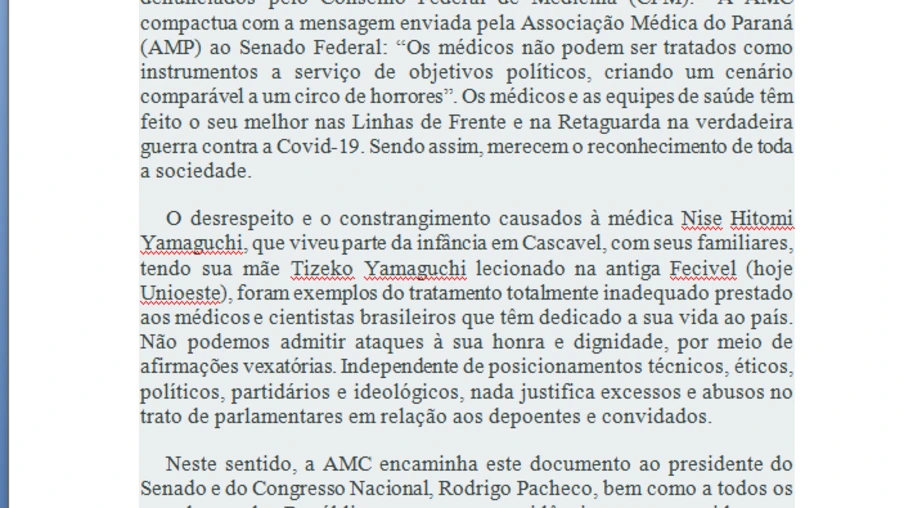 Associação Médica divulga moção de repúdio em defesa do médico e da civilidade na CPI da Pandemia