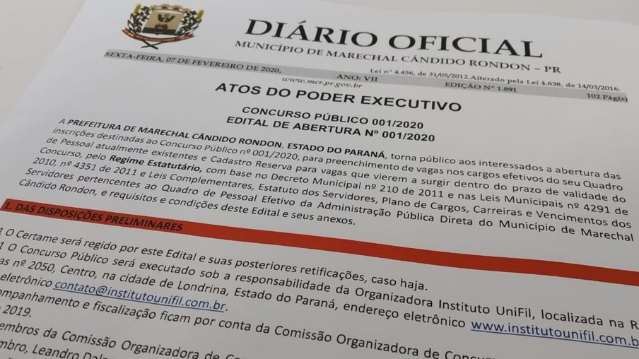 Inscrições para Concurso Público em Marechal Rondon estão abertas a partir desta sexta-feira