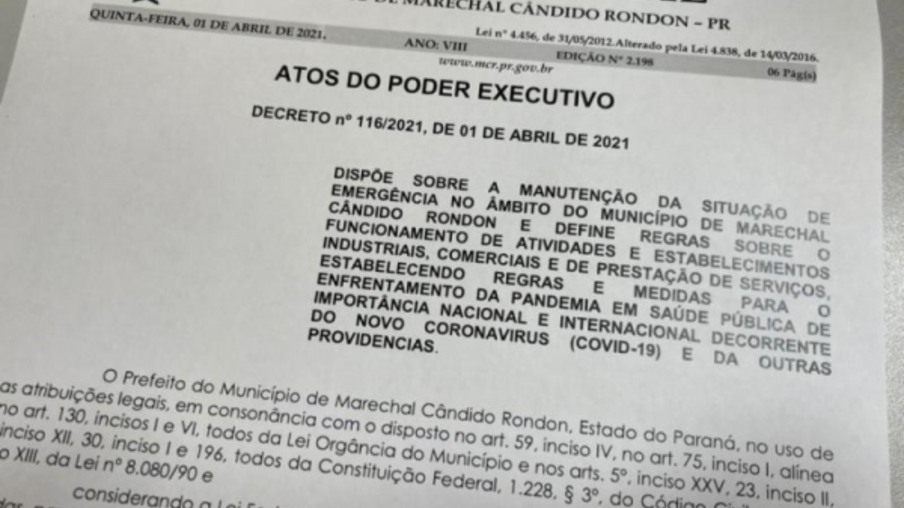 Decreto em Marechal Rondon libera atividades físicas e estende horários do comércio, restaurantes e lanchonetes