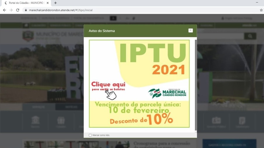 Moradores de Marechal poderão pagar o IPTU 2021 com 10% de desconto até a próxima quarta-feira