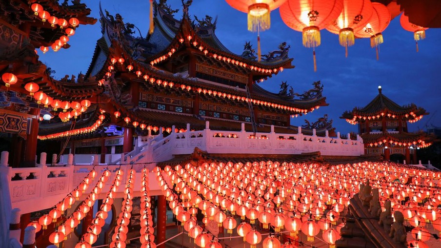 Lanterns are lit up at Thean Hou Temple, during Chinese Lunar New Year celebrations, amid the coronavirus disease (COVID-19) outbreak in Kuala Lumpur, Malaysia February 12, 2021. REUTERS/Lim Huey Teng