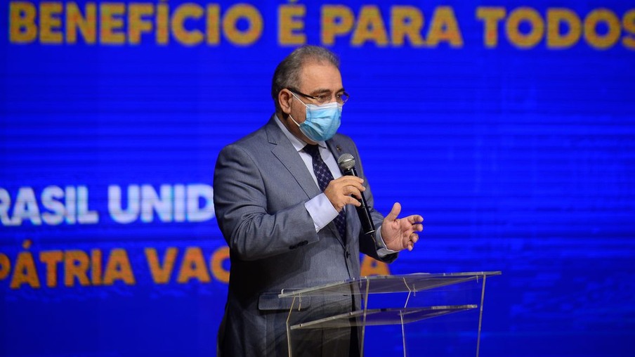 O ministro da Saúde, Marcelo Queiroga,participa da cerimônia de lançamento da Campanha de Conscientização sobre Medidas Preventivas e Vacinação contra a Covid-19, e o lançamento da Secretaria Extraordinária de Enfrentamento à Covid-19.