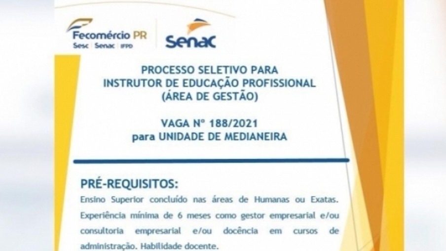 Senac Medianeira abre processo seletivo para Instrutor de Educação Profissional