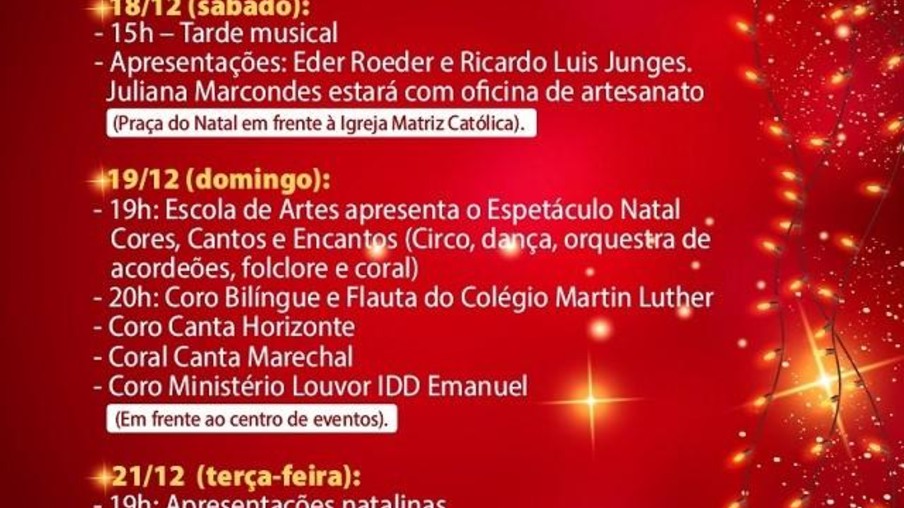 Programação de Natal prossegue neste fim de semana com inúmeras atrações em Marechal Rondon